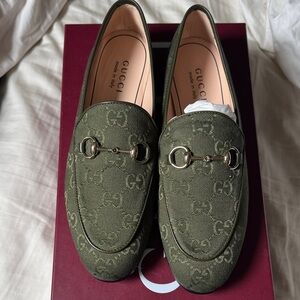 Gucci Olive Green GG Canvas Horsebit Loafers 37.5
